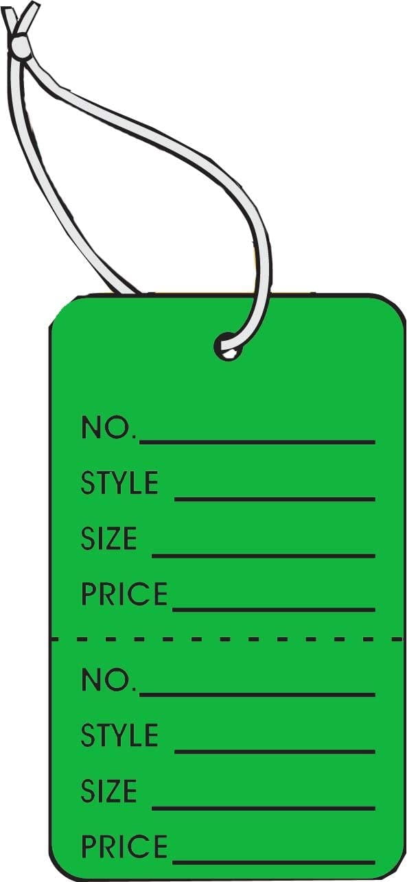 LARGE COUPON TAG, 2-7/8" X 1 3/4", DK GREEN IN COLOR "NO., STYLE, SZ, PRC" W/TEAR OFF STUB, WITH STRING, BOX OF 1000