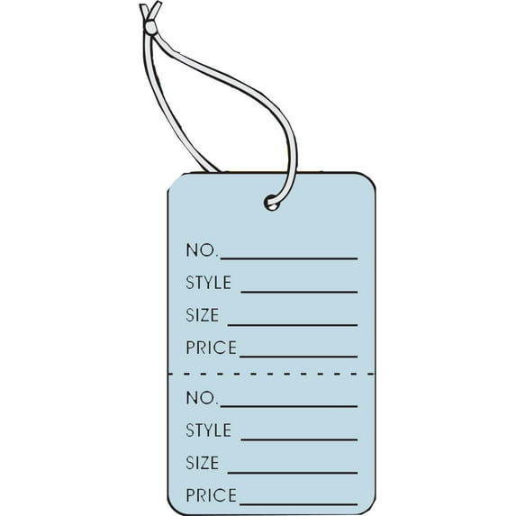 LARGE COUPON TAG, 2-7/8" X 1 3/4", LT BLUE IN COLOR "NO., STYLE, SZ, PRC" W/TEAR OFF STUB, WITH STRING, BOX OF 1000