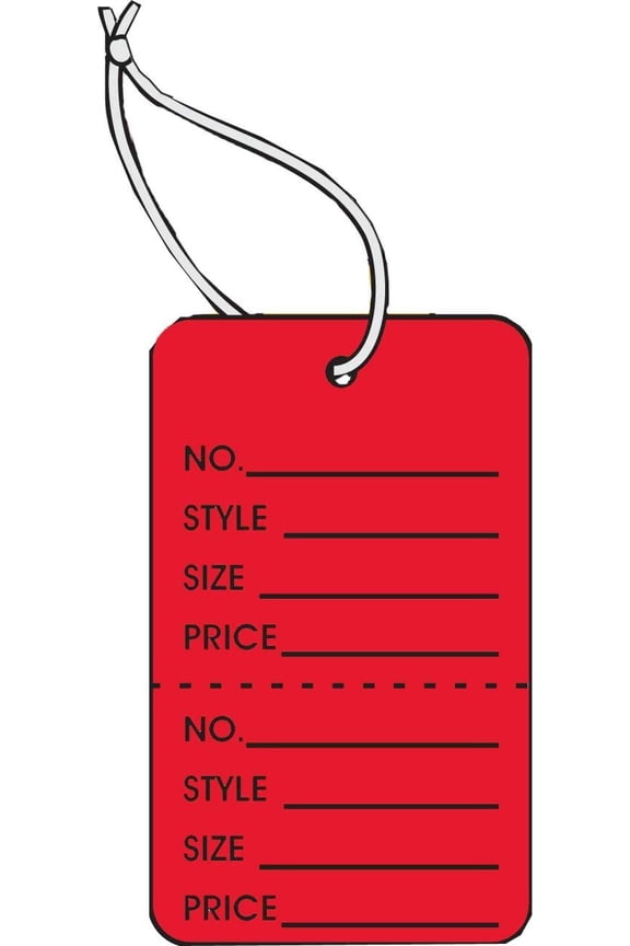 LARGE COUPON TAG, 2-7/8" X 1 3/4", RED IN COLOR "NO., STYLE, SZ, PRC" W/TEAR OFF STUB, WITH STRING, BOX OF 1000