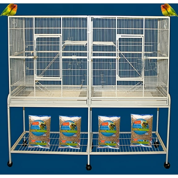 LARGE DOUBLE Flight Bird House Breeder Cage With Center Divider Side Breeding Nest Doors with Removable Rolling Stand Canary Parakeet Cockatiel Lovebird Finches