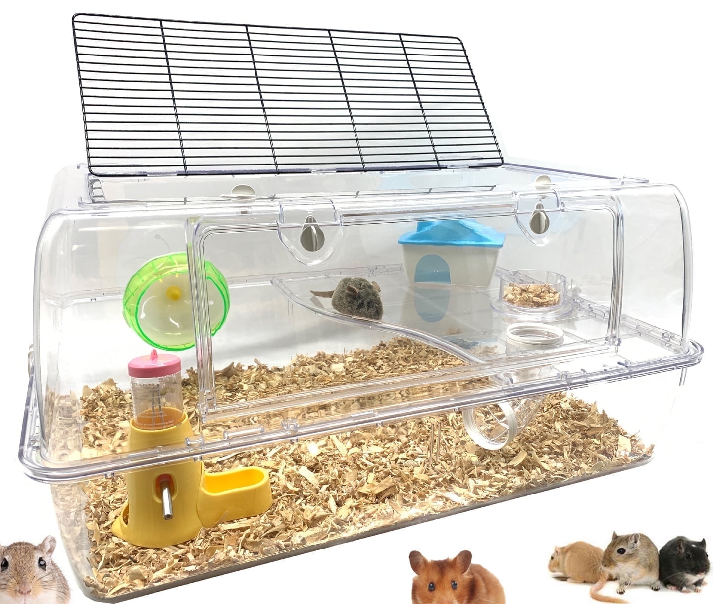 LARGE Deluxe 2-Level Acrylic Clear Hamster Mouse Palace House Hedgehog Guinea Pig Habitat with Solid Platform Ladder Running Wheel Water Bottle Tower Food Bowl Hide House Deep Base Ground