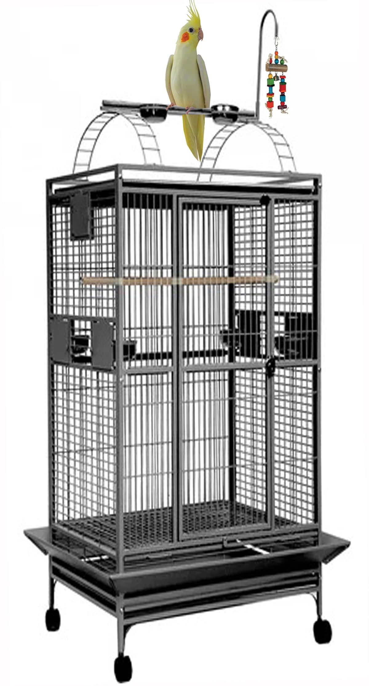 LARGE Deluxe and Durable Wrought Iron Bird Parrot Cockatiel Cockatoos Open Play Top With Toy Hook Rolling Cage With Seed Guard