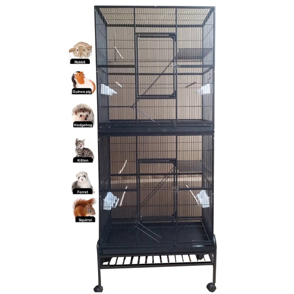 LARGE Double Stackabel Multi-Level Chew-Proof Metal Platform Ladder Small Animal Critters Cage Easy Clean Pull Out Grate & Tray With Removable Rolling Stand