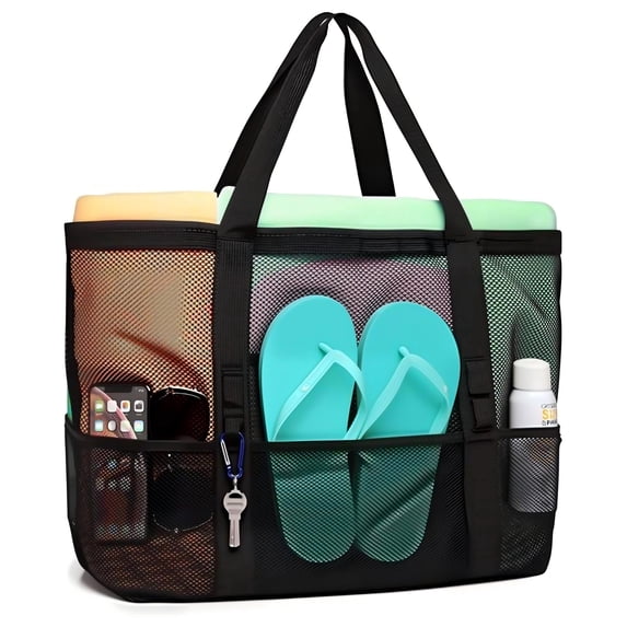 LARGE Mesh Beach Bag, Sand-Falls-Through Toy Mesh Tote Bags for Picnic Travel with Waterproof Liner Pocket, Heavy-Duty Shoulder Strap, Family Pool/Beach Essentials(Black)