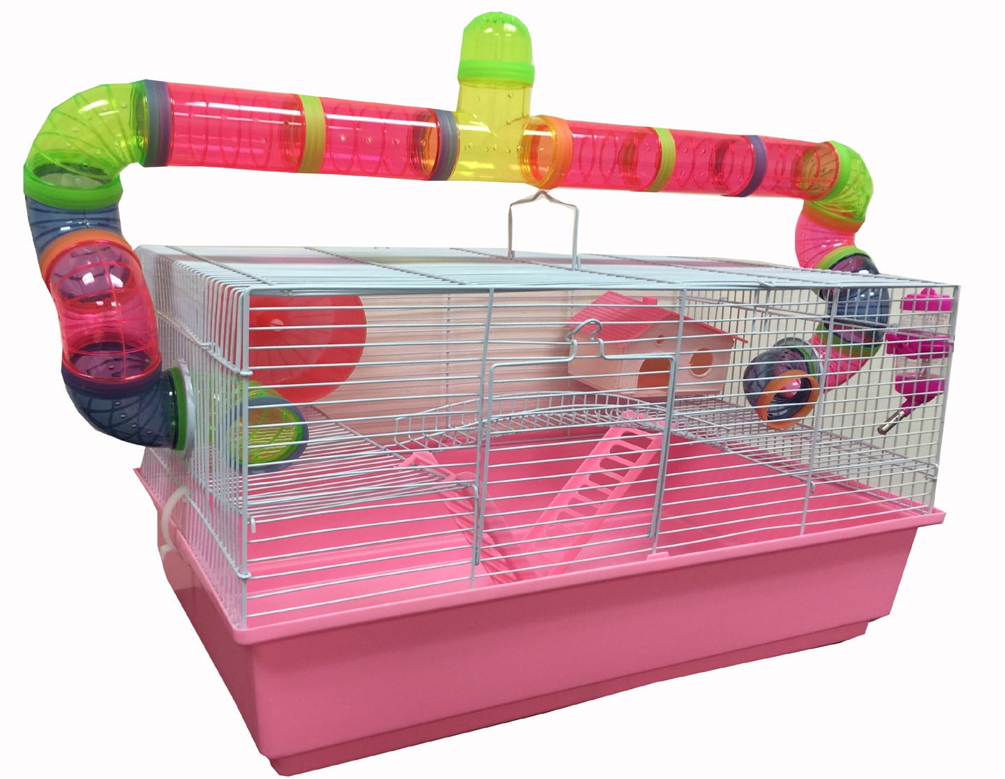 Image showcasing LARGE Pink 3-Level Hamster Habitat Mouse Home Gerbil Cage With Bridge ...