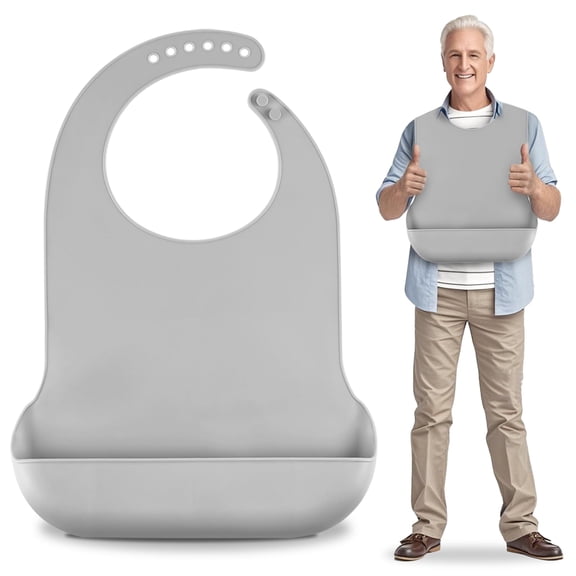 LARGE SIZE Adjustable Silicone Adult Bib, Washable Bib for Men & Women, Waterproof bib for Elderly with Crumb Catcher, Adjustable Button Closure