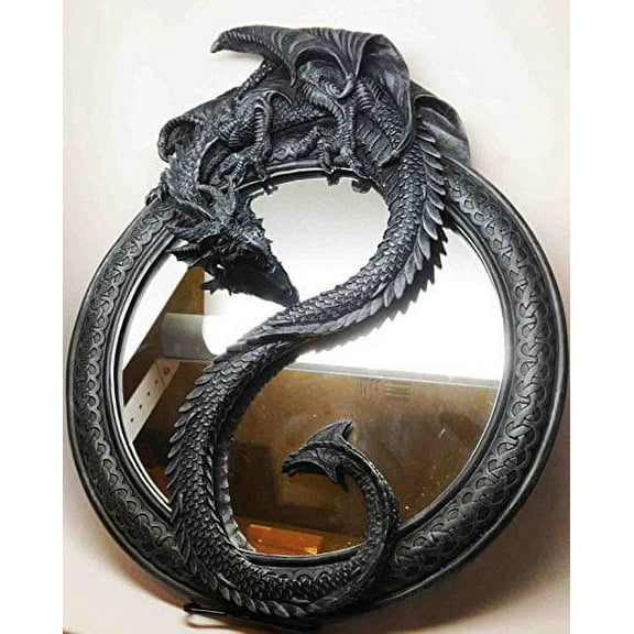 LARGE WALL MIRROR 20"H YING YANG ANCIENT DRAGON RESIN HOME DECOR FAUX STONE
