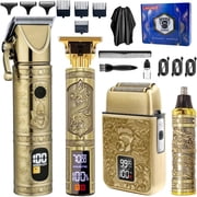 LARGNER Elite Series 4-in-1 Professional Barber Hair Clippers for Men, Cordless Grooming Kit with Beard Trimmer, Foil Shaver & Nose Trimmer, Vintage Metal Home 