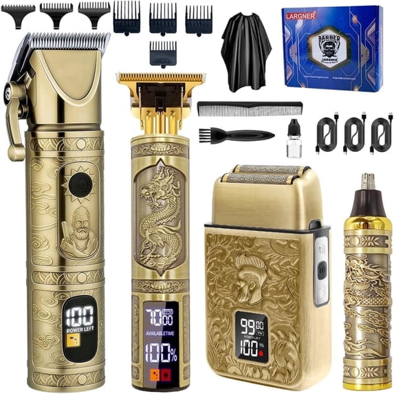 LARGNER Elite Series 4-in-1 Professional Barber Hair Clippers for Men, Cordless Grooming Kit with Beard Trimmer, Foil Shaver & Nose Trimmer, Vintage Metal Home Haircut Set, Gold
