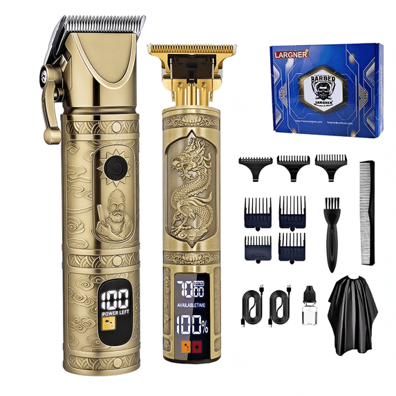 LARGNER Elite Series 2-in-1 Professional Barber Hair Clippers for Men, Standard Cordless Home Haircut Kit & Beard Trimmer, Vintage Metal, Gold