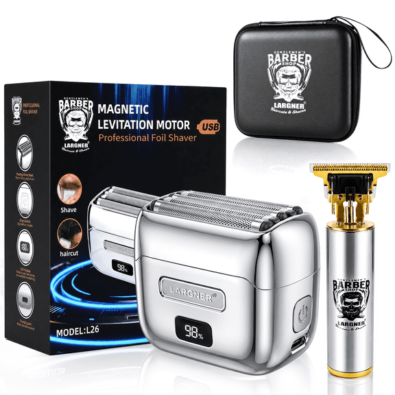 LARGNER 5-Blade Magnetic Metal Foil Shaver for Men, IPX7 Wet/Dry Electric Razor & Cordless Beard Trimmer Kit with Case