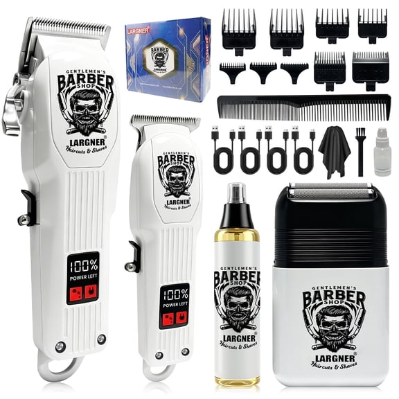 LARGNER Professional Hair Clippers for Men, 4-in-1 Cordless Barber Clipper & Edger Set, White Mens Grooming Kit with Foil Shaver & Nose Trimmer, LED Display, Haircut Tools, Gifts for Dad