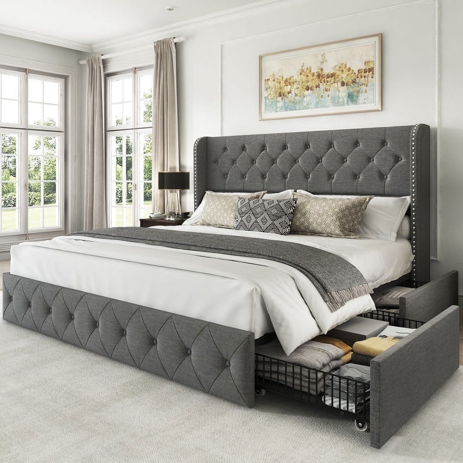 Breltam King Size Bed Frame with Storage Drawers, Light Grey Velvet ...