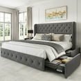 thumbnail image 1 of Breltam King Size Bed Frame with 4 Storage Drawers, Wingback Tufted Headboard, LED Lights, Light Grey Velvet Upholstered Platform Bed, No Box Spring Needed, 1 of 9