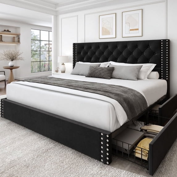 Breltam Platform Bed with 4 Storage Drawers, King Size Tufted Bed ...