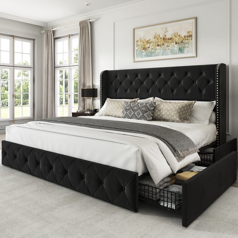 LARMACE King Bed Frame with 4 Storage Drawers and Tufted Headboard ...