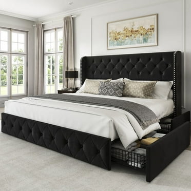 LARMACE King Size Bed Frame with 4 Storage Drawers and Tufted Headboard Velvet Upholstered Platform Bed Frame Wingback Beds with Wooden Slats Support, Easy Assembly, Black