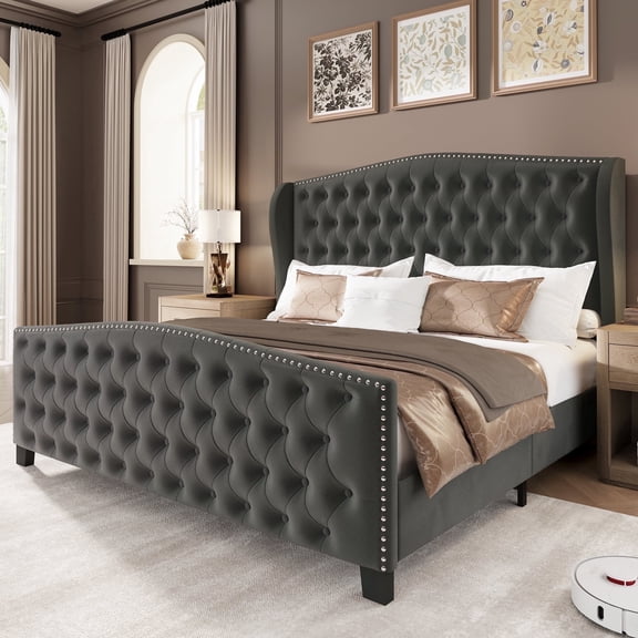 Breltam King Size Bed Frame Velvet Upholstered Platform Bed with Wingback Headboard, Dark Grey