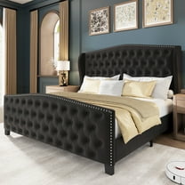 LARMACE King Size Bed Frame Velvet Platform Bed with Wingback Headboard & Footboard, Black
