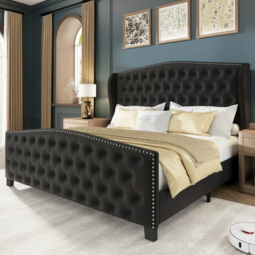 LARMACE King Size Bed Frame Velvet Platform Bed with Wingback Headboard & Footboard, Black
