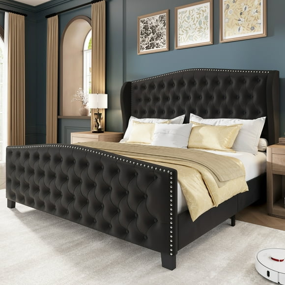 LARMACE King Size Bed Frame Velvet Platform Bed with Wingback Headboard & Footboard, Black