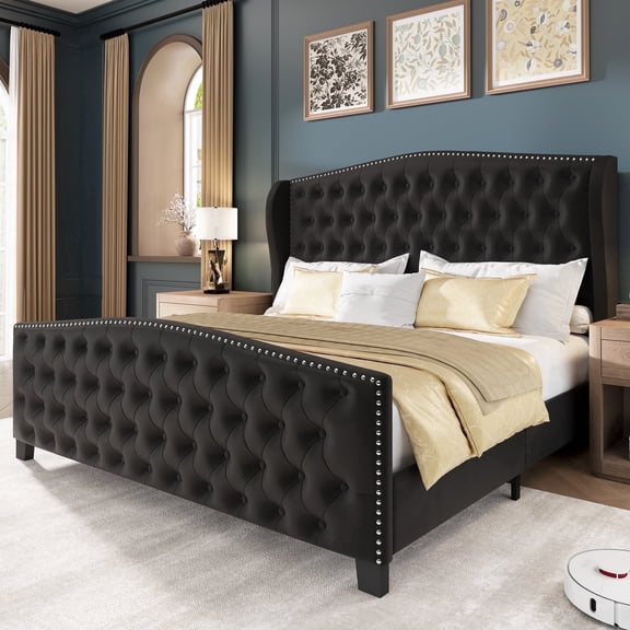 Breltam King Size Bed Frame Velvet Upholstered Platform Bed with Wingback Headboard, Black