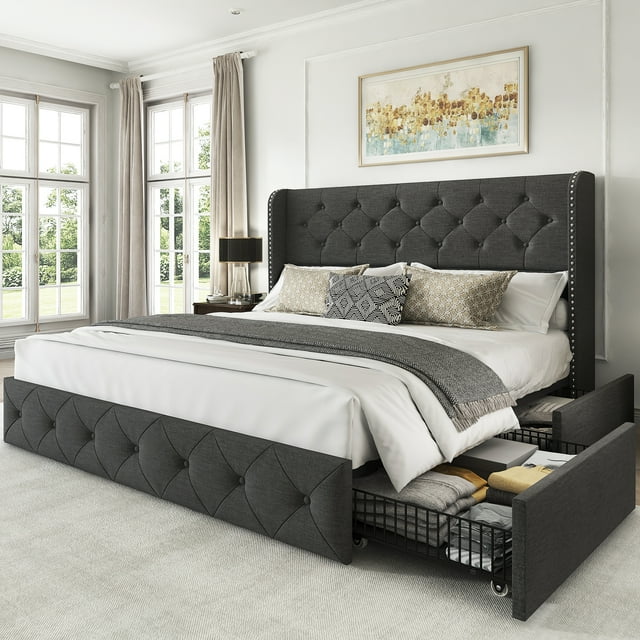 LARMACE King Size Linen Upholstered  Platform Bed Frame with 4 Storage Drawers and Tufted Headboard,Dark Grey