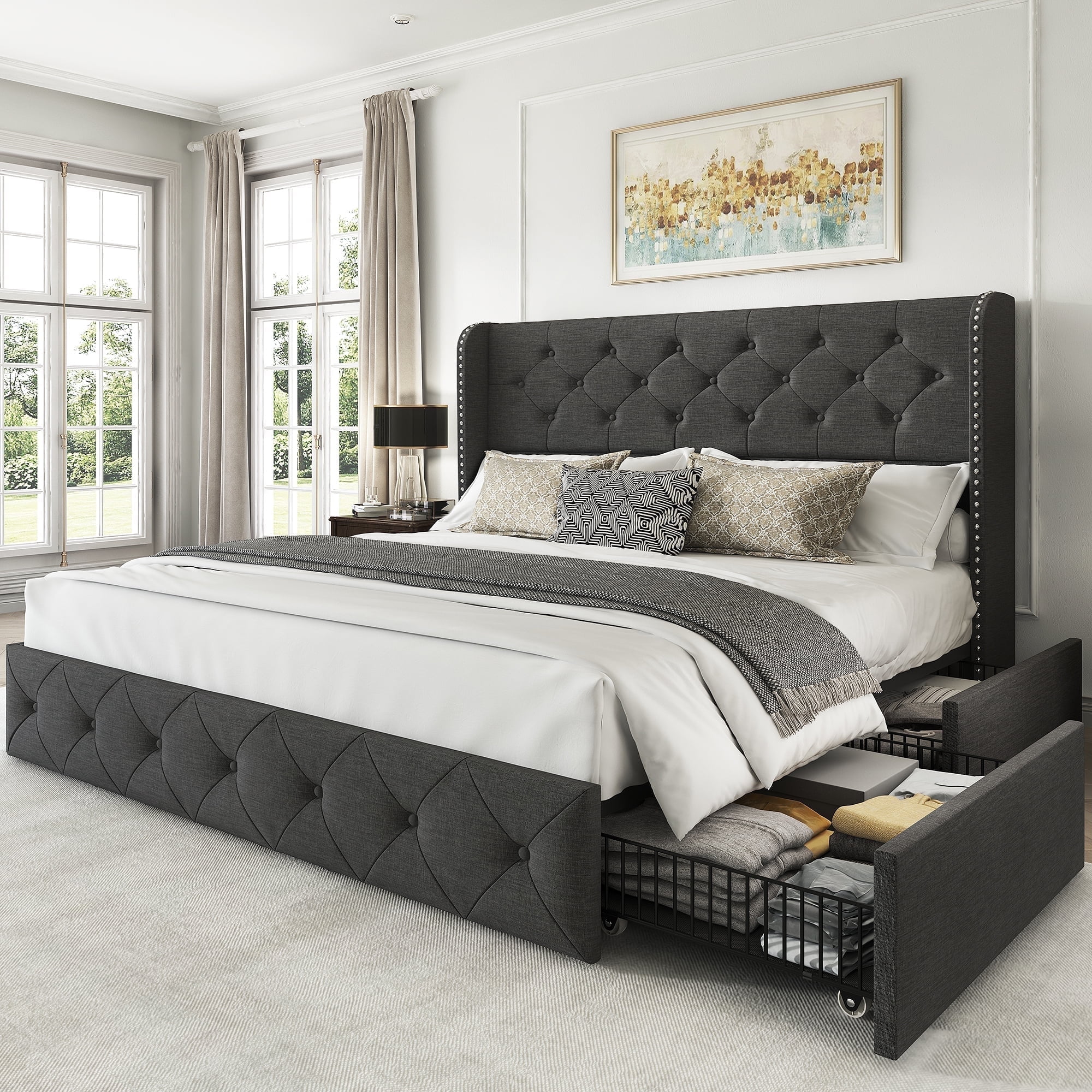 Breltam King Size Bed Frame with 4 Storage Drawers, Wingback Tufted Headboard, LED Lights, Dark Grey Velvet Upholstered Platform Bed, No Box Spring Needed