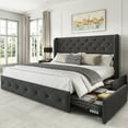 thumbnail image 1 of Breltam King Size Bed Frame with 4 Storage Drawers, Wingback Tufted Headboard, LED Lights, Dark Grey Velvet Upholstered Platform Bed, No Box Spring Needed, 1 of 9