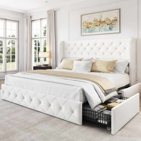 Breltam King Size Bed Frame with 4 Storage Drawers, Wingback Tufted Headboard, LED Lights, White Velvet Upholstered Platform Bed, No Box Spring Needed