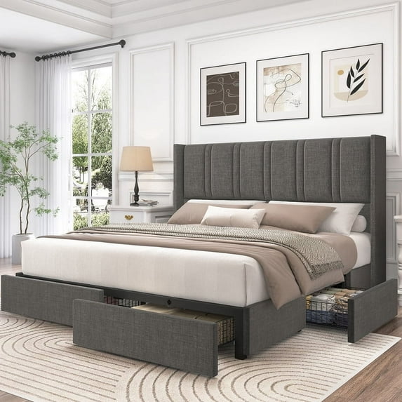 Breltam King Size Upholstered Platform Bed Frame with 4 Storage Drawers and Vertical Linen Wingback Channel Tufted Headboard