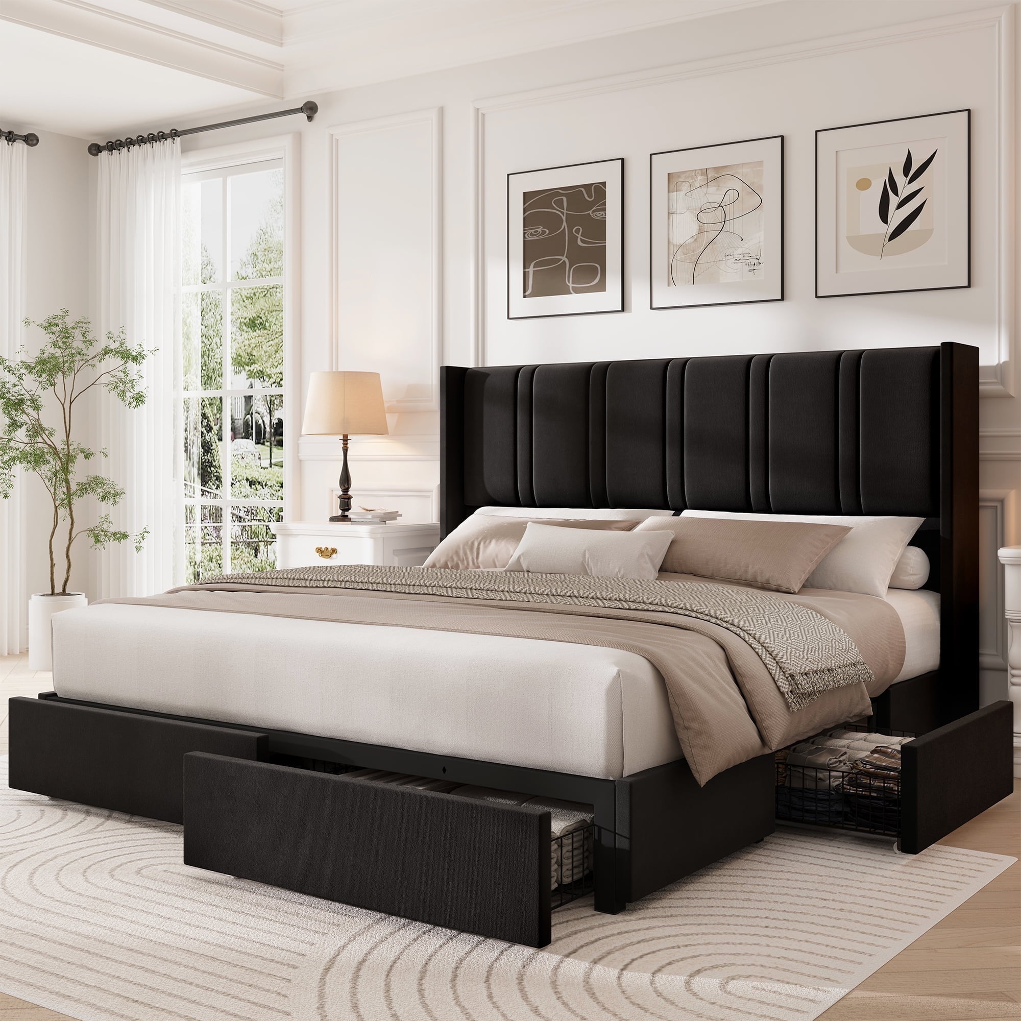 Breltam King Size Upholstered Platform Bed Frame with 4 Storage Drawers and Vertical Linen Wingback Channel Tufted Headboard