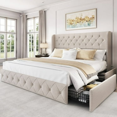 LARMACE King Wingback Bed with Tufted Headboard & 4 Storage Drawers, Beige Linen