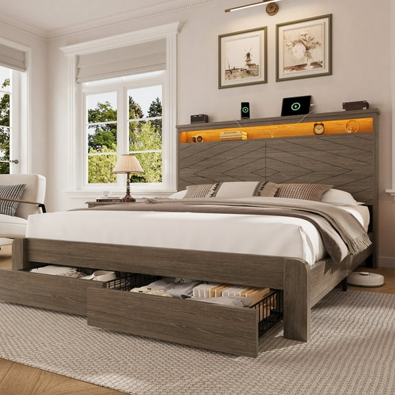 LARMACE Metal Platform Bed Frame with 2-Tier Storage Headboard, 2 Storage Drawers, Built in Charging Station & LED