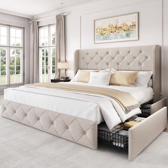 Breltam Queen Size Bed Frame with 4 Storage Drawers, Wingback Tufted Headboard,Beige Velvet Upholstered Platform Bed, No Box Spring Needed