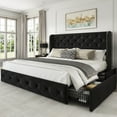thumbnail image 1 of Breltam Queen Size Bed Frame with 4 Storage Drawers, Wingback Tufted Headboard, LED Lights, Black Velvet Upholstered Platform Bed, No Box Spring Needed, 1 of 9