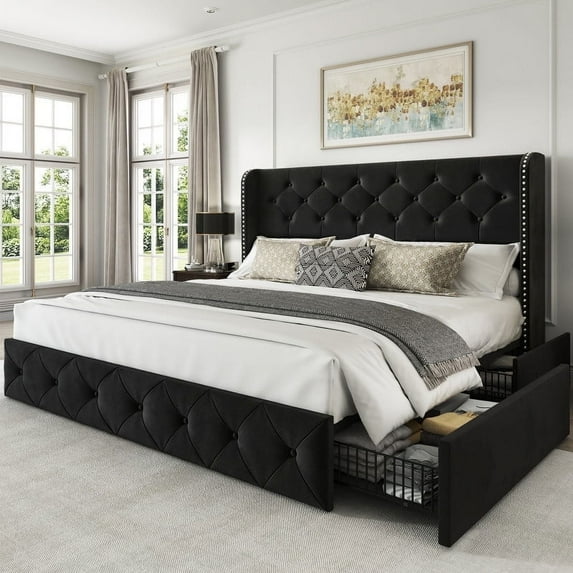 Breltam Queen Size Bed Frame with 4 Storage Drawers, Wingback Tufted Headboard, LED Lights, Black Velvet Upholstered Platform Bed, No Box Spring Needed