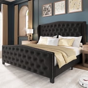 Breltam Queen Size Bed Frame Velvet Upholstered Platform Bed with Wingback Headboard, Dark Grey