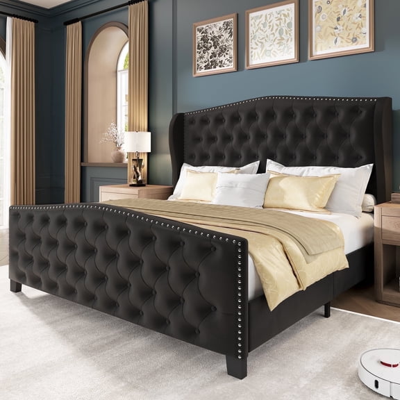 Breltam Queen Size Bed Frame Velvet Upholstered Platform Bed with Wingback Headboard, Dark Grey
