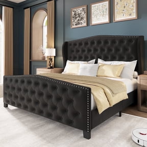 Breltam Queen Size Bed Frame Velvet Upholstered Platform Bed with Wingback Headboard, Black