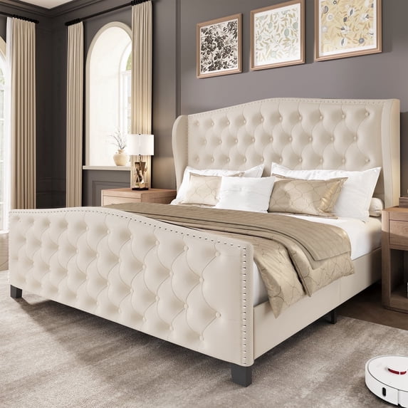 Breltam Queen Size Bed Frame Velvet Upholstered Platform Bed with Wingback Headboard, Beige
