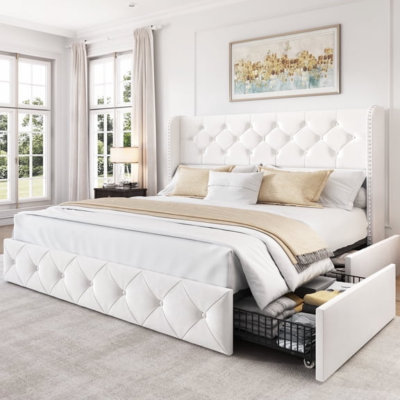 Breltam Queen Size Bed Frame with 4 Storage Drawers, Wingback Tufted Headboard, LED Lights, White Velvet Upholstered Platform Bed, No Box Spring Needed