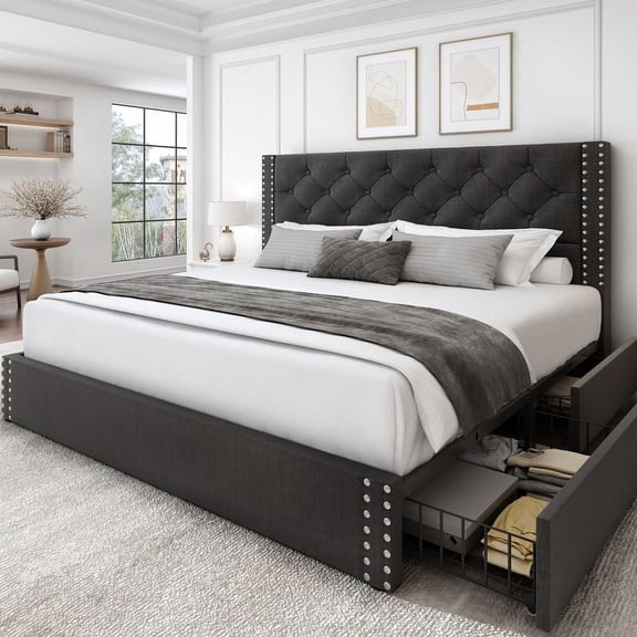 Breltam Upholstered Platform Bed with Storage, Queen Bed with Headboard, Dark Grey