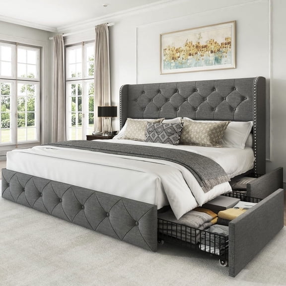 Breltam Queen Size Bed Frame with 4 Storage Drawers, Wingback Tufted Headboard, LED Lights, Light Grey Velvet Upholstered Platform Bed, No Box Spring Needed