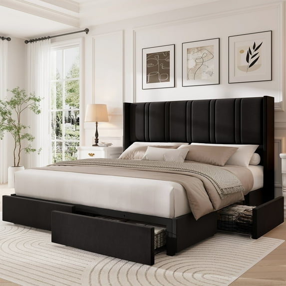 Breltam Queen Size Upholstered Platform Bed Frame with 4 Storage Drawers and Vertical Linen Wingback Channel Tufted Headboard