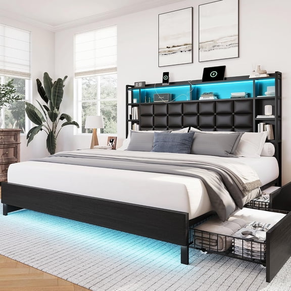 LARMACE Queen Size Wooden Bed Frame with Storage Drawers and LED Headboard | Faux Leather Upholstered Platform Bed Frame, Storage Bookcase Headboard, Charging Station, No Box Spring Needed, Black