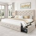 thumbnail image 1 of Breltam Full Size Bed Frame with 4 Storage Drawers, Wingback Tufted Headboard, LED Lights, Beige Velvet Upholstered Platform Bed, No Box Spring Needed, 1 of 9