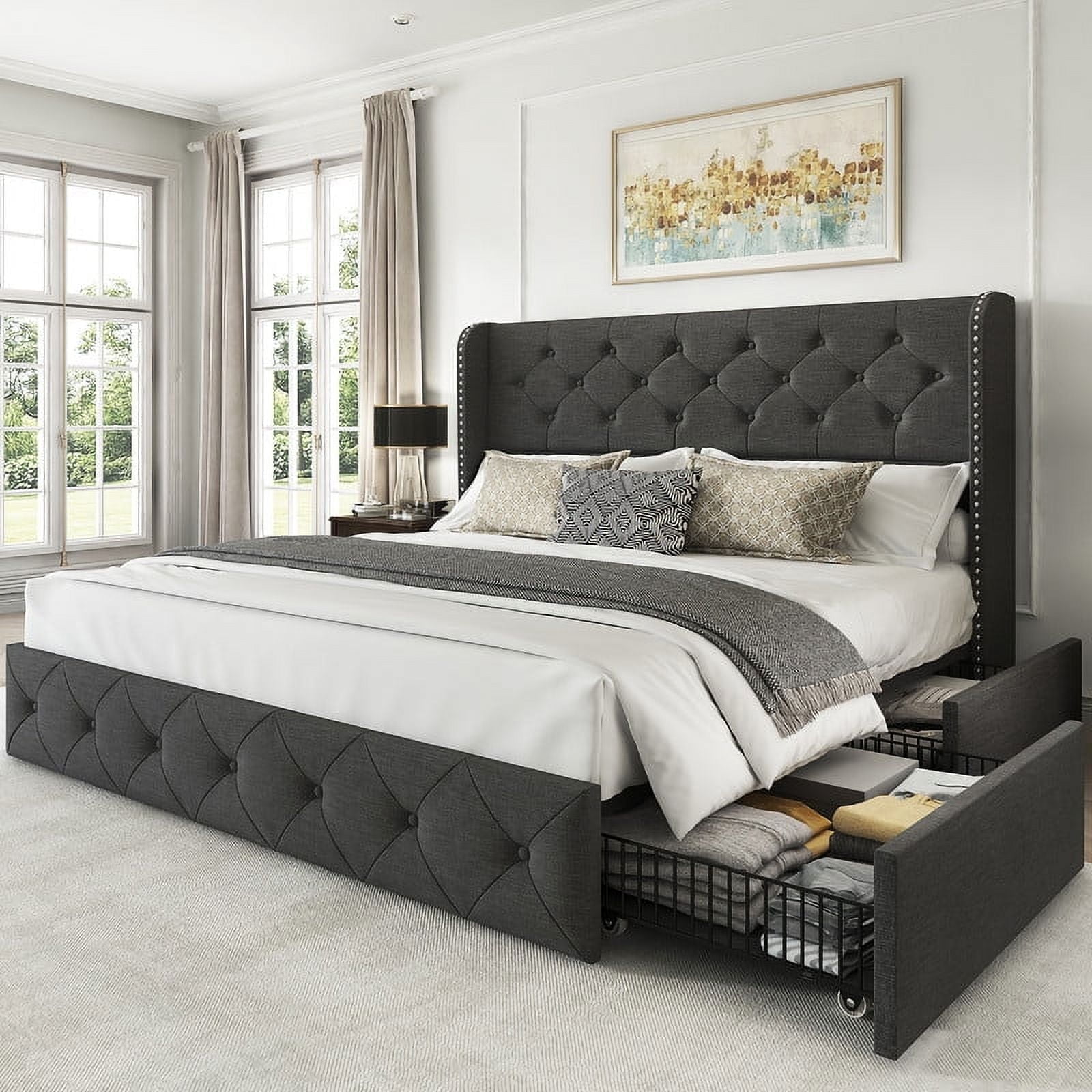 LARMACE Upholstered Queen Size Bed Frame with 4 Storage LARMACE Upholstered Queen Size Bed Frame with 4 Storage