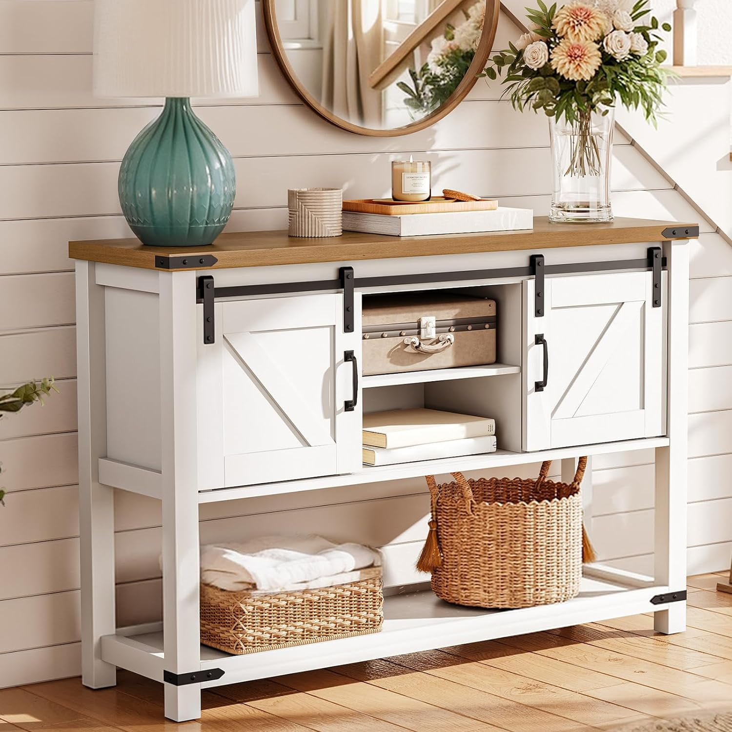 Entryway table with cabinets top