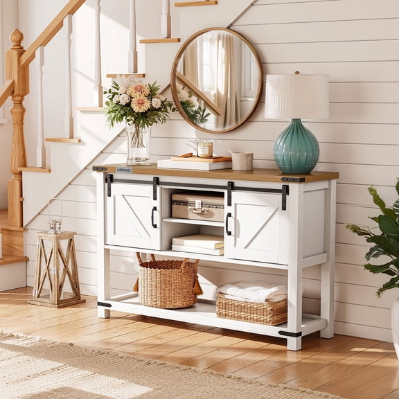 LARMNEE 46" Farmhouse Console Table Entryway Table with Open Shelves and 2 Cabinets Sofa Table with Sliding Barn Doors Kitchen Buffet Sideboard Hallway, Entrance Living Room White and Walnut WH17XG01